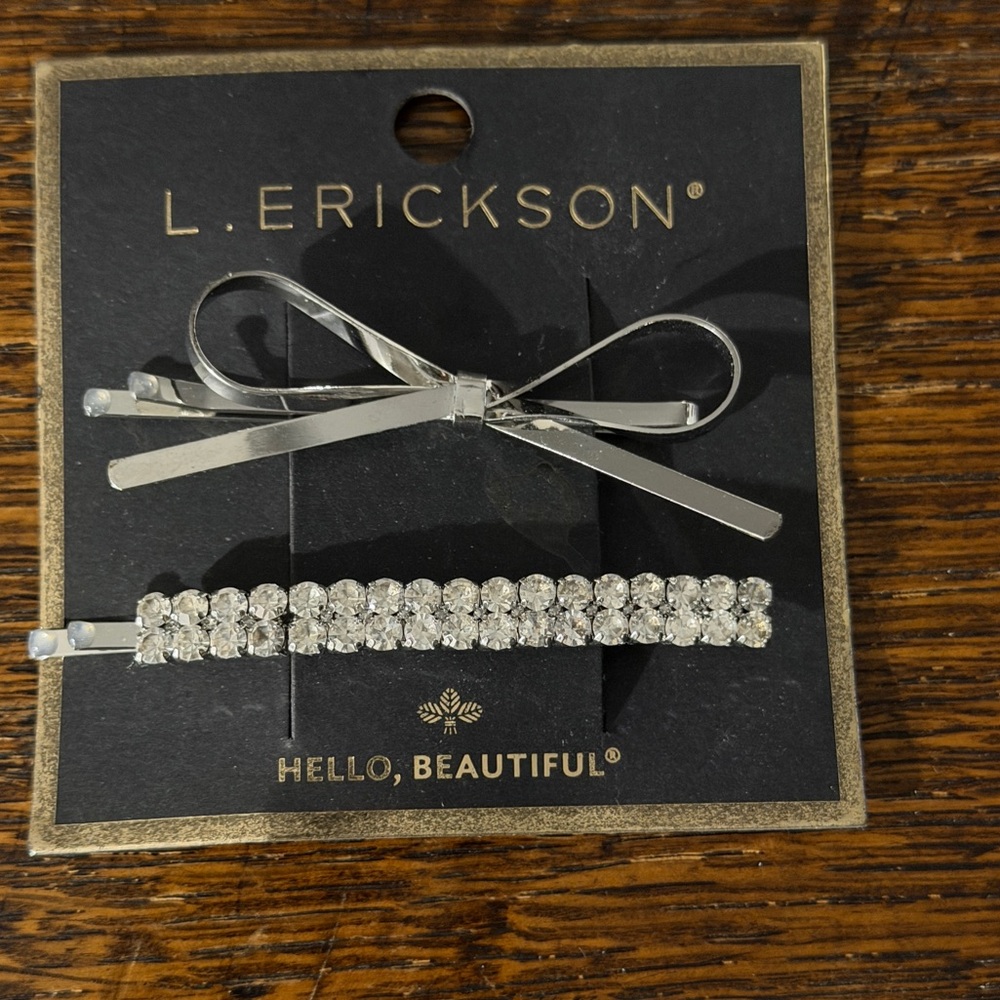 L. Erickson Silver Crystal and Bow Bobby Pin Hair Clip Set! NWT!